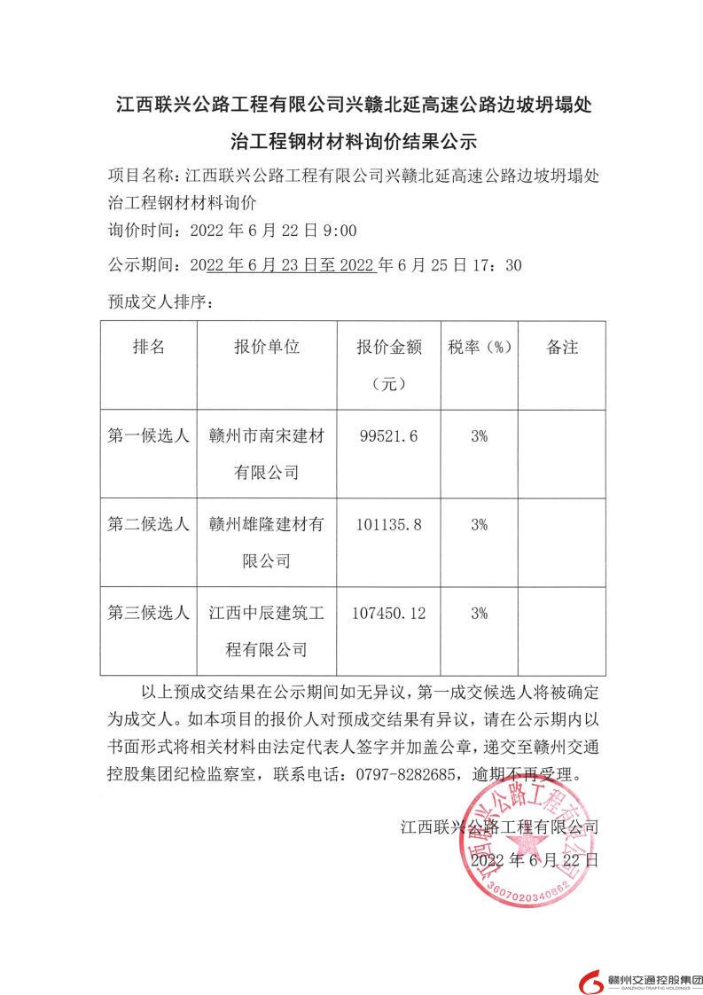 江西联兴公路工程有限公司兴赣北延高速公路边坡坍塌处治工程钢材材料询价结果公示.jpg