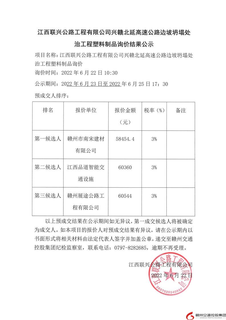 江西联兴公路工程有限公司兴赣北延高速公路边坡坍塌处治工程塑料制品询价结果公示.jpg