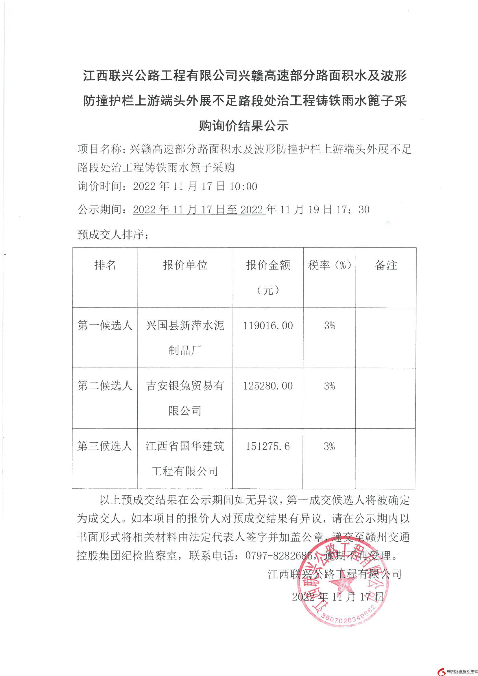 江西联兴公路工程有限公司兴赣高速部分路面积水及波形防撞护栏上游端头外展不足路段处治工程铸铁雨水篦子采购询价结果公示.jpg